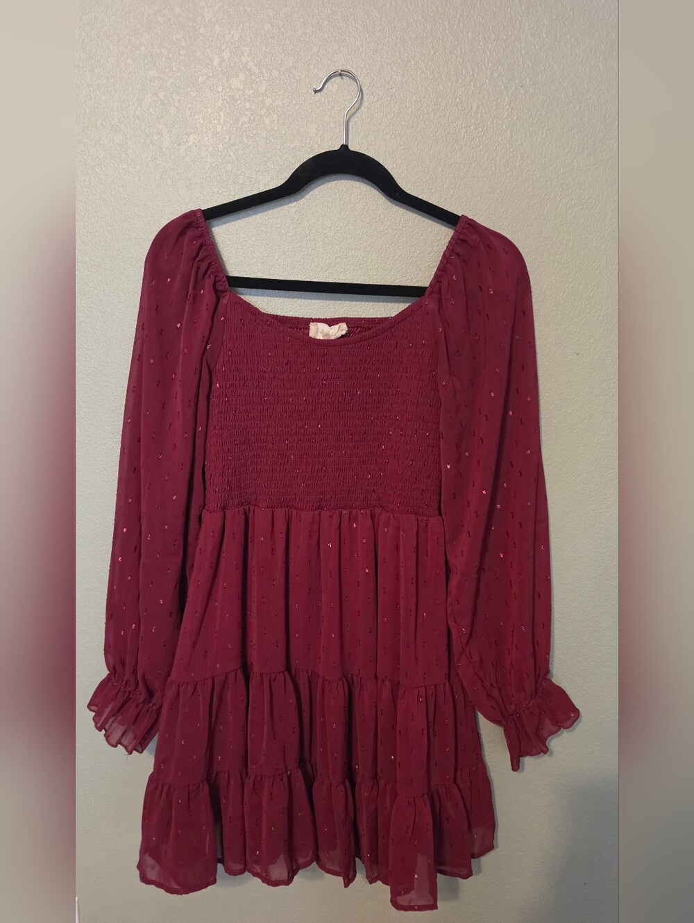 Alter'd State Burgundy Tiered Long Sleeve Mini Dress